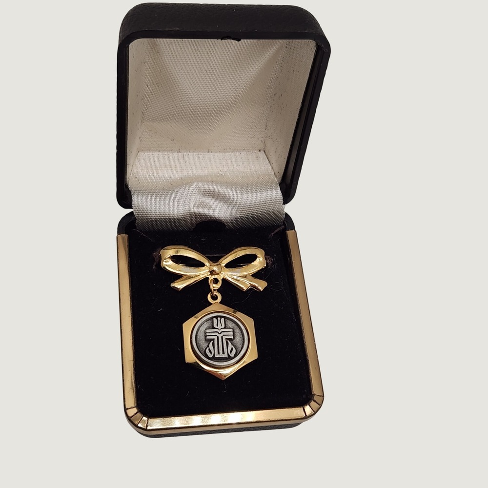 Presbyterian Cross Bow Brooch Gold Silver Tone Religious Faith Pin with Box